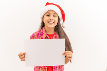 Christmas girl standing with empty horizontal blank in hands, above view, isolated on white