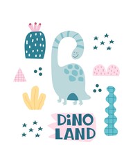 dinoland. cartoon dinosaur, hand drawing lettering, décor elements. colorful vector illustration for kids, flat style. baby design for cards, print, posters, logo, cover