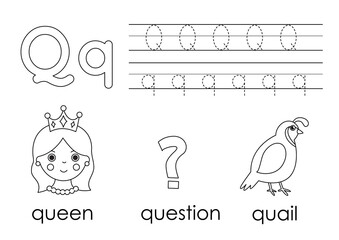 Learning English alphabet for kids. Letter Q. Coloring book.