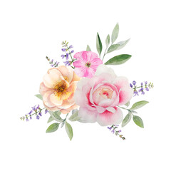 Watercolor delicate composition with wild roses and herbs. Pink flowers and sage leaves create gentle composition in shabby chic or romantic style. 