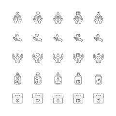 Fototapeta premium Donate and Charity line icons set.Helping hand, Volunteer help, Heart donations and Care box. design vector