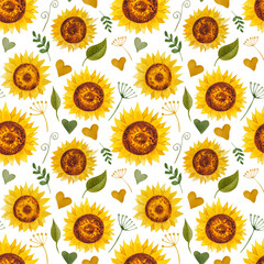 watercolor sunflowers summer pattern seamless. Sunny flowers and leaves for textile design, digital paper or wrapping paper