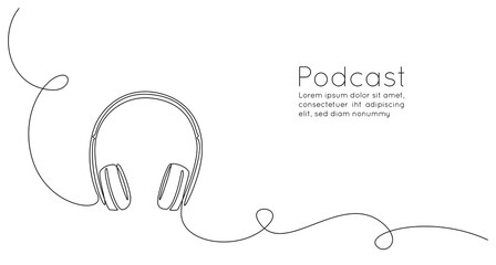 Continuous one line drawing of headphones speaker for podcast web banner. Music gadget and earphones devices in simple linear style. Editable stroke. Doodle vector illustration
