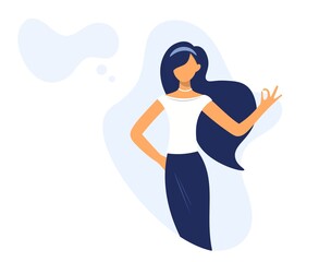 The girl shows a cool sign. Young woman showing ok sign as a sign of approval or agreement vector illustration. Modern faceless character in flat style with speech bubble.