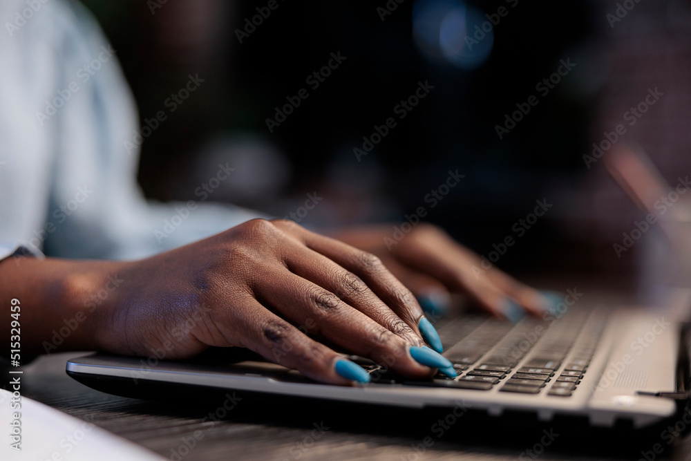 Aufkleber close up shot of brokerage company professional agent sitting at desk in office while using laptop t