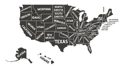 USA map. Vector silhouette state of America. United States of America with script text state names. American map for poster, banner, t-shirt, tee. Design USA typography states names. Poster map of USA