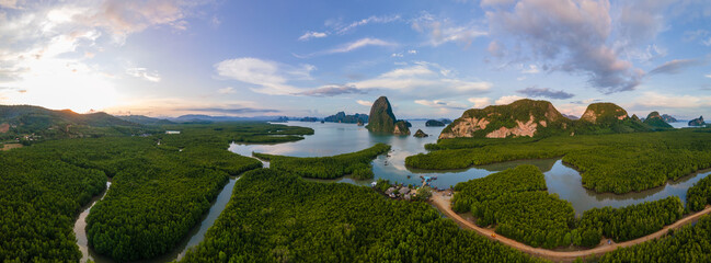 panorama view of Sametnangshe, view of mountains in Phangnga bay with mangrove forest in andaman...