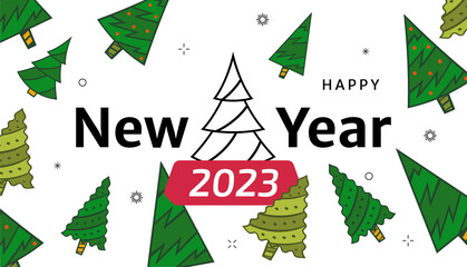 New Year's card with green Christmas trees and a greeting on a white background. Happy New Year vector illustration with decorative Christmas trees and snowflakes.