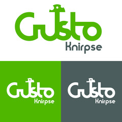 Cute mushroom green, grey Logo Vector, lettering logo design template. Gusto means like. Knirpse means tots.