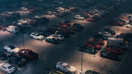 Cars at night in the parking lot. Aerial view of night parking. Night outdoor parking lot. Busy...