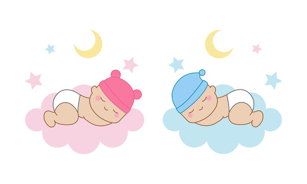 Cute baby boy and girl sleeping. Flat vector cartoon design
