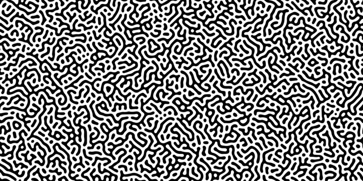 Turing reaction diffusion monochrome seamless pattern with chaotic motion. Natural background with organic structures. Vector illustration of chemical morphogenesis concept. Curvy doodle labyrinth