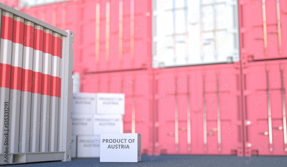 Poster carton with product of austria text and many containers, 3d rendering