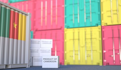 Carton with PRODUCT OF CAMEROON text and many containers, 3D rendering
