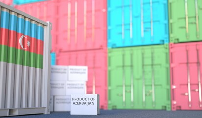 PRODUCT OF AZERBAIJAN text on the cardboard box and cargo terminal full of containers. 3D rendering