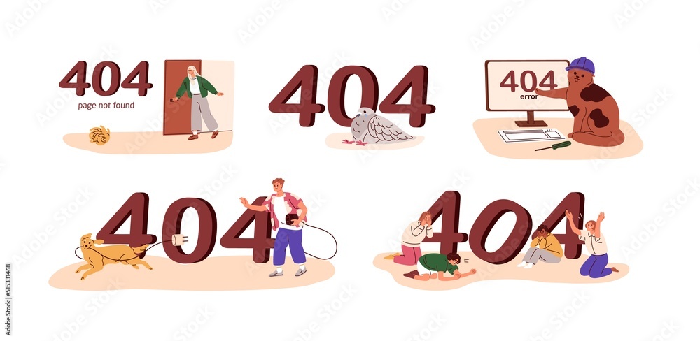 Poster 404 error, designs for not found web-page on website. Failure, problem message for site. Access failed with cute funny pets, people. Flat graphic vector illustrations isolated on white background