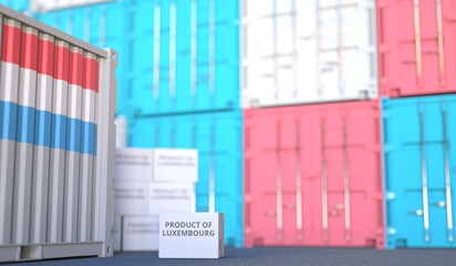 Box with PRODUCT OF LUXEMBOURG text and cargo containers. 3D rendering