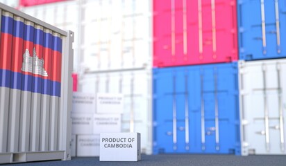 Box with PRODUCT OF CAMBODIA text and cargo containers. 3D rendering
