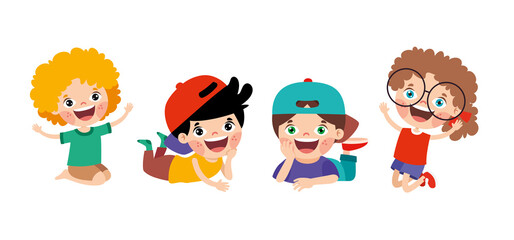Obraz na płótnie Canvas Happy Cartoon Children Characters Sitting