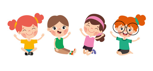 Happy Cartoon Children Characters Sitting