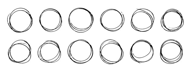 Set of doodle circles. Circles drawn by hand with sweeping lines. Vector illustration of a collection of scribble round shapes on a white background.