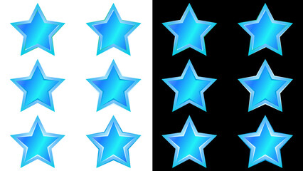Obraz premium Set of blue decorative stars with borders on white and black background. For rating or decoration. Design element.