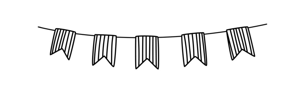Doodle garland with striped flags. DIY garland for the holiday. Home party decoration. Vector hand drawn illustration isolated.