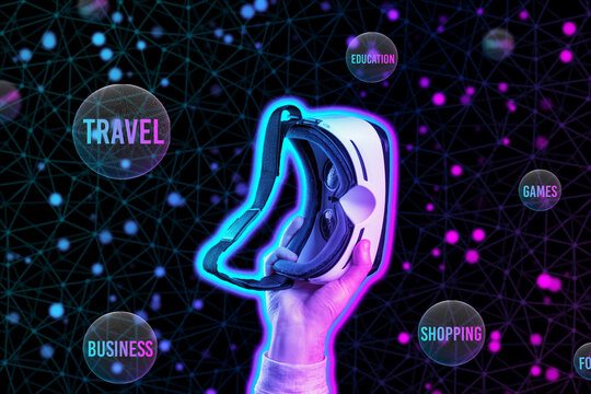 The metaverse. A glowing male hand holds VR glasses. Black background with neon abstract grid and spheres of interest. The concept of choice, cyberspace and virtual reality - Powered by Adobe