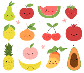 Set of summer Funny Fruits and berries characters.Children's illustration. Apple, orange, watermelon, strawberry, pear, papaya, banana, lemon, pineapple. summer flowers.