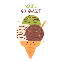 Cute Pistachio ice cream cone illustration with funny 