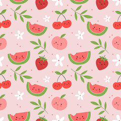 Seamless pattern with funny characters fruit slices of fresh watermelon, peac, strawberries and cherries on a white background. Illustration for book, wrapping paper, textile print, wallpaper