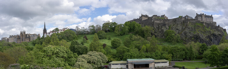 Edinburgh , Scotland - May 27 , 2019 : Panoramic image of Edinburgh Castle is a historic castle in Edinburgh. It is built on a volcanic rock.