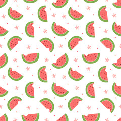 Seamless pattern with red slices of fresh watermelon on a white background.Illustration for book,wrapping paper,textile print,wallpaper