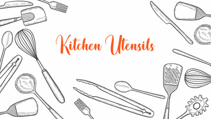 kitchen utensils set collection with hand drawn sketch for background banner template poster