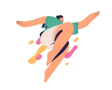 Freedom, inspiration, aspiration concept. Young man jumping up, moving forward with enthusiasm, aspiring, flying. Inspired creative free person. Flat vector illustration isolated on white background