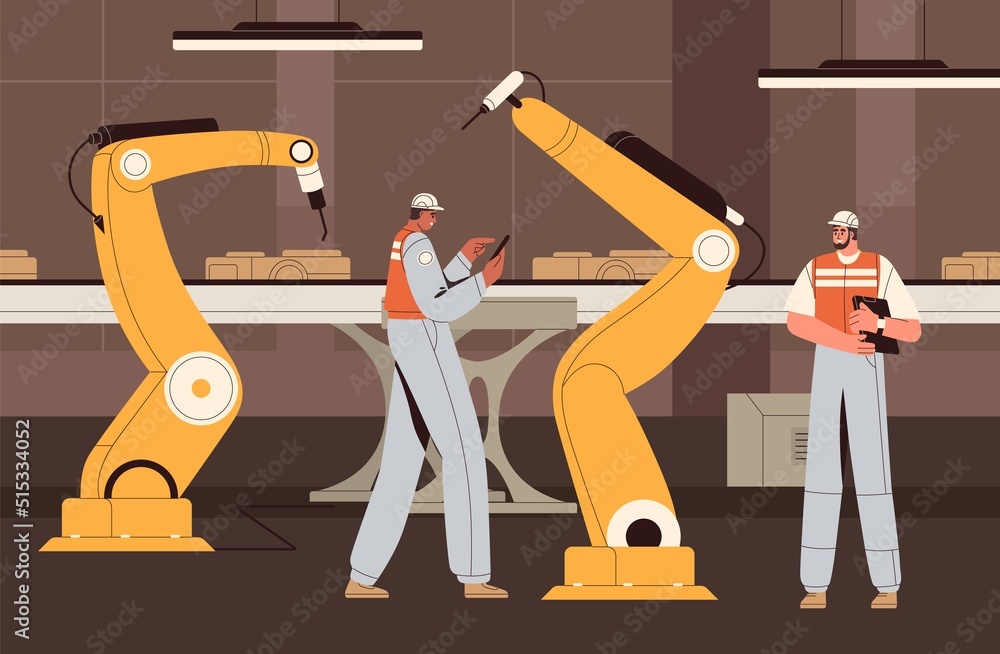 Poster smart industry with conveyor belt and robots controlled by people. high-tech machines, equipment wor