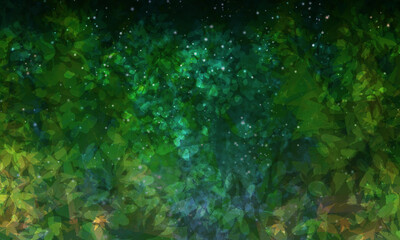 Fototapeta na wymiar 画面いっぱいに新緑が生い茂る初夏のミステリアスな夜の背景素材