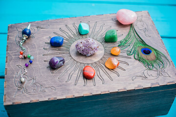 Healing energy with a crystal`s and candles, reiki session, bioenergy for mental health