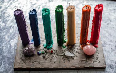 Healing energy with a crystal`s and candles, reiki session, bioenergy for mental health