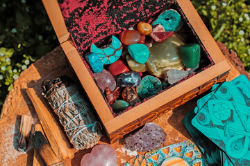 Healing energy with a crystal`s and candles, reiki session, bioenergy for mental health