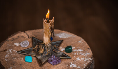 Healing energy with a crystal`s and candles, reiki session, bioenergy for mental health