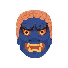 Kiba Fudo, Japan noh mask. Angry Japanese Kabuki theater face with teeth. Traditional Asian blue human head with negative evil emotion. Flat vector illustration isolated on white background
