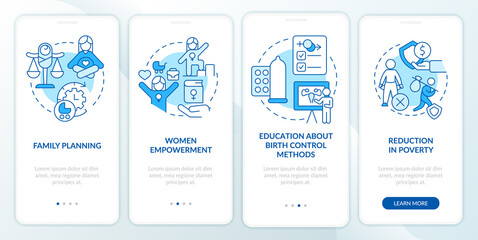 Solutions to overpopulation blue onboarding mobile app screen. Walkthrough 4 steps editable graphic instructions with linear concepts. UI, UX, GUI template. Myriad Pro-Bold, Regular fonts used - obrazy, fototapety, plakaty