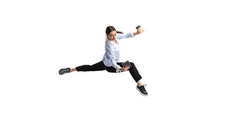 Portrait of motivated business woman, employee working isolated over white studio background