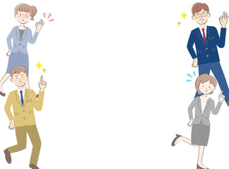 スーツ姿の男女のフレーム　喜ぶ　笑顔　ジャンプ
