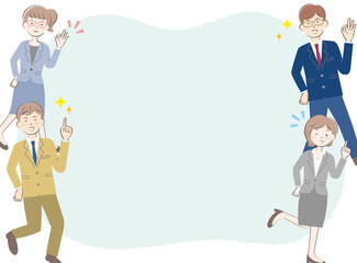 スーツ姿の男女のフレーム　喜ぶ　笑顔　ジャンプ