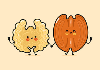 Cute, funny happy walnut and pecan character. Vector hand drawn cartoon kawaii characters, illustration icon. Funny cartoon walnut and pecan friends
