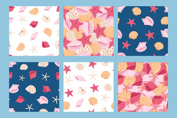 Set of seamless patterns with seashells