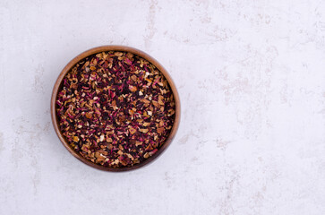 Dried tea leaves with fruits, berries and flowers