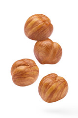 Flying delicious hazelnuts, isolated on white background